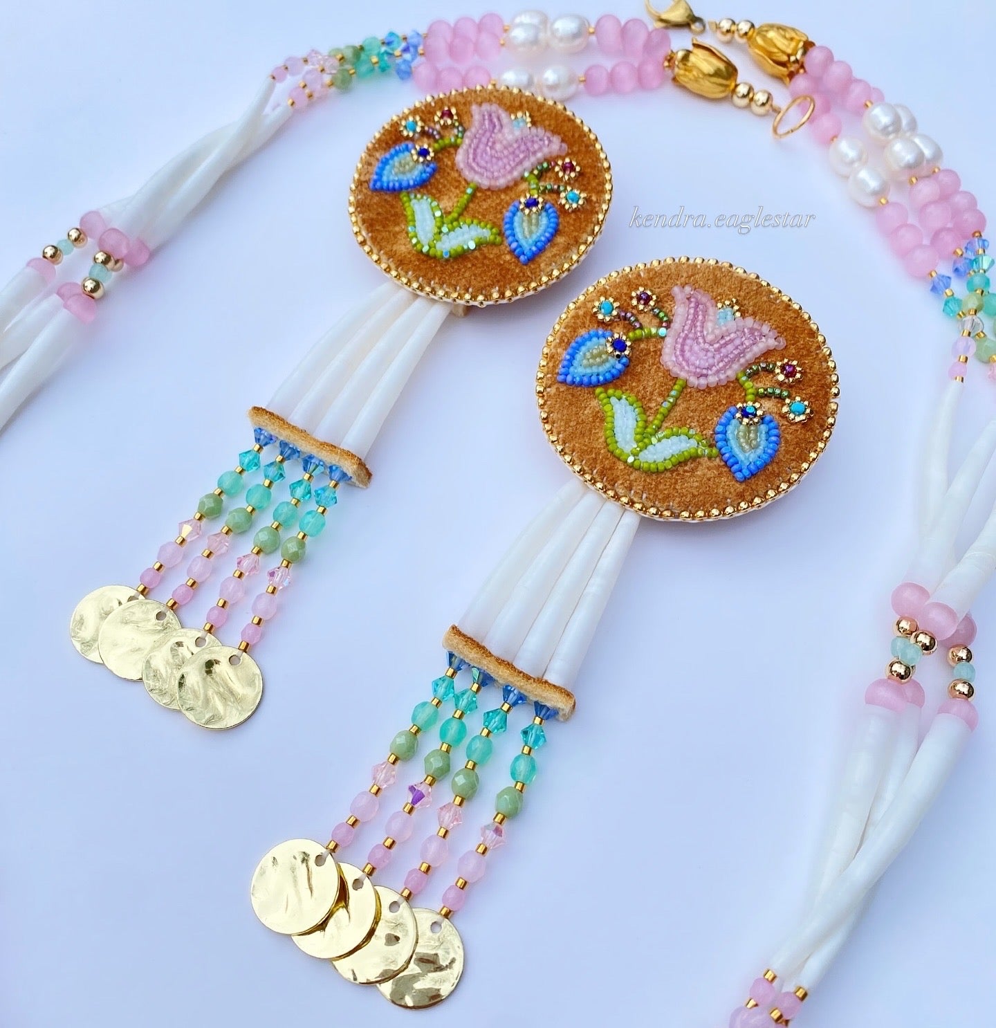 spring smoked hide earrings with dentalium & pearl necklace ☁️🩵🐚