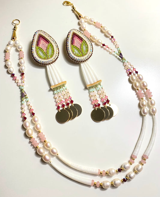 rosebud earrings with dentalium shell & pearl necklace 🐚🌸💐