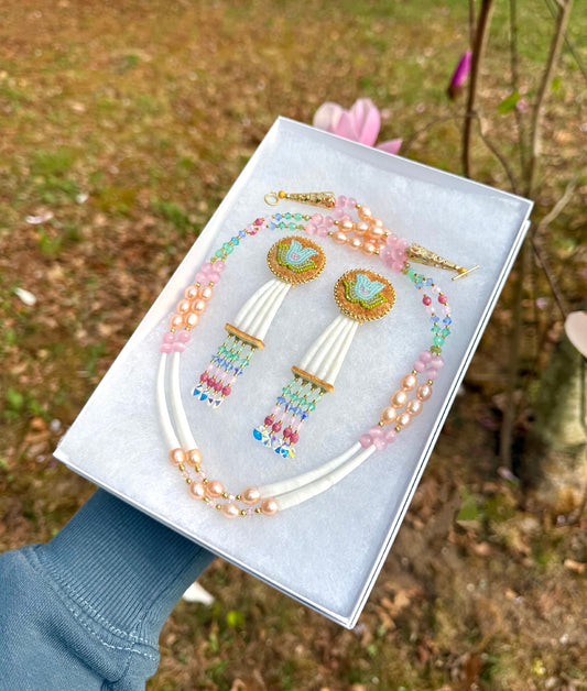 pastel smoked hide earrings with dentalium & pearl necklace 🌸🌊💐