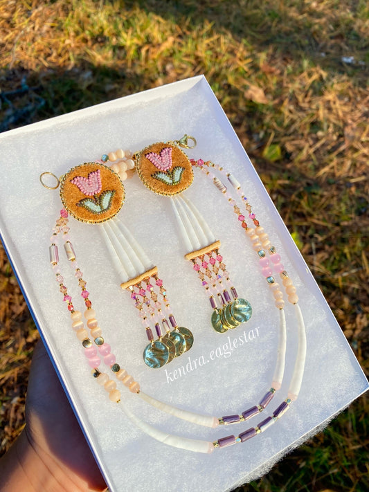 smoked hide wampum earrings & matching necklace 🤎🩰🪷