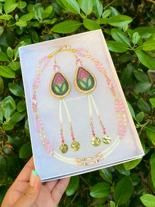 dusty pink rosebud earrings with pearl & dentalium shell necklace 🌸🕊️🩰