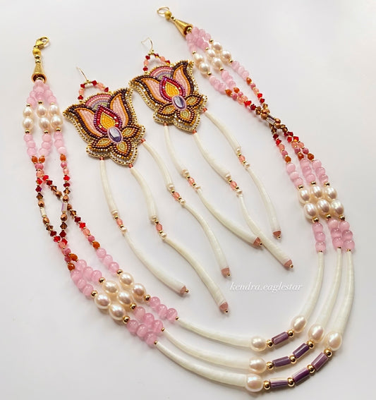 Drawing 🧇 — wampum floral earrings with dentalium & pearl shell necklace 💓💌