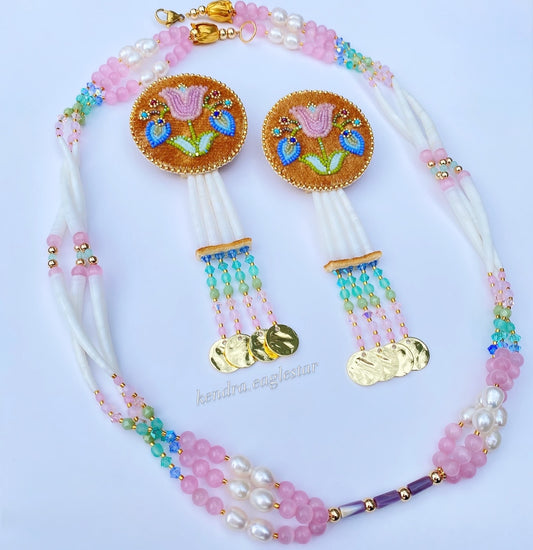 spring smoked hide earrings with dentalium & pearl necklace ☁️🩵🐚