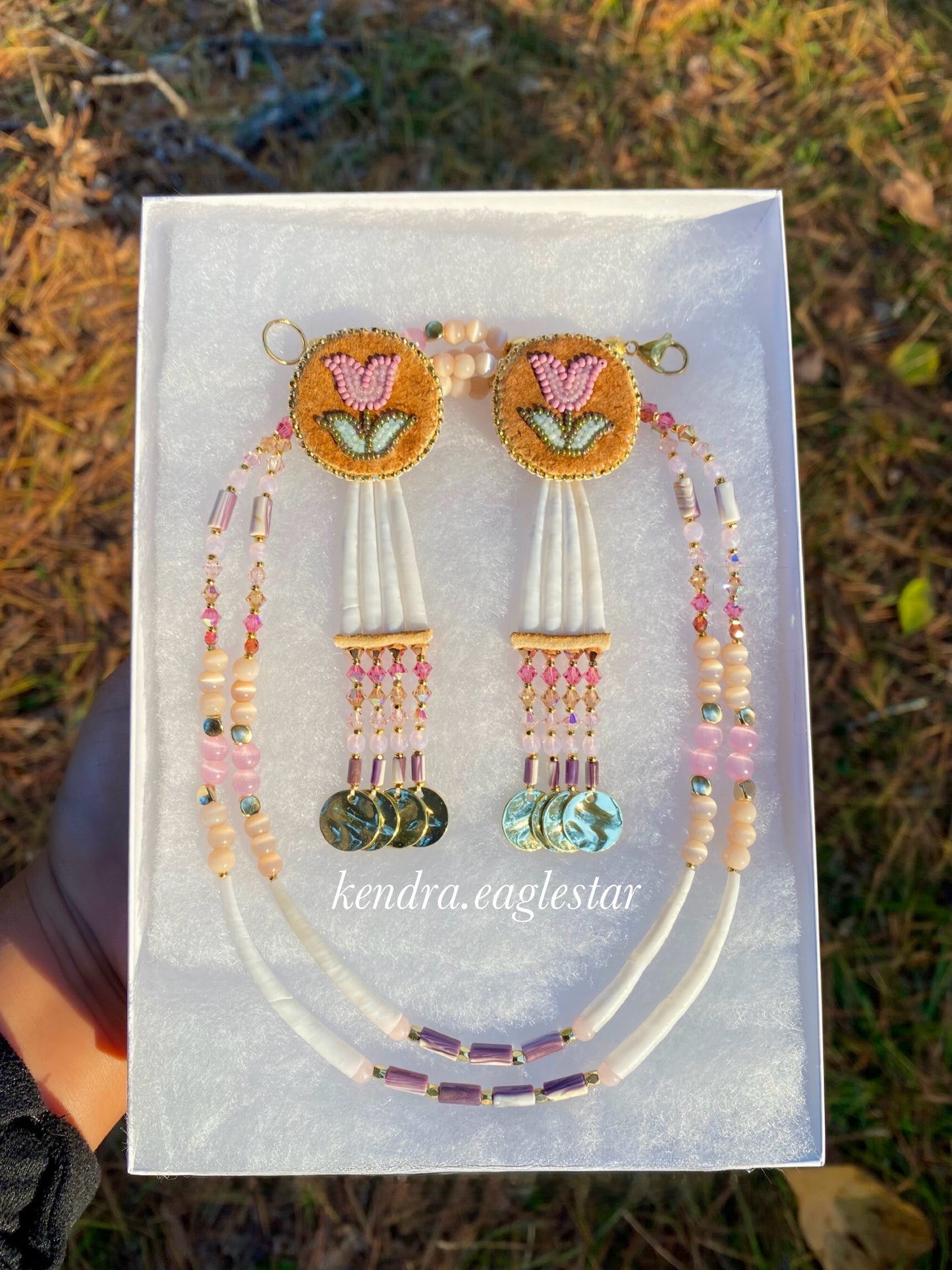 smoked hide wampum earrings & matching necklace 🤎🩰🪷